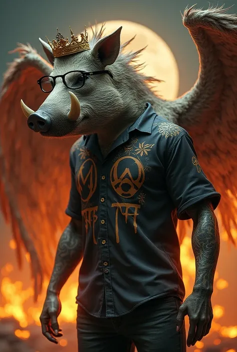 The wild boar has large muscular wings with a yakuza tattoo 
Wearing a crown. The body resembles a person wearing an island shirt with the letters on the chest MNTH. 
Put on black glasses as a picture of a half on a flame background
