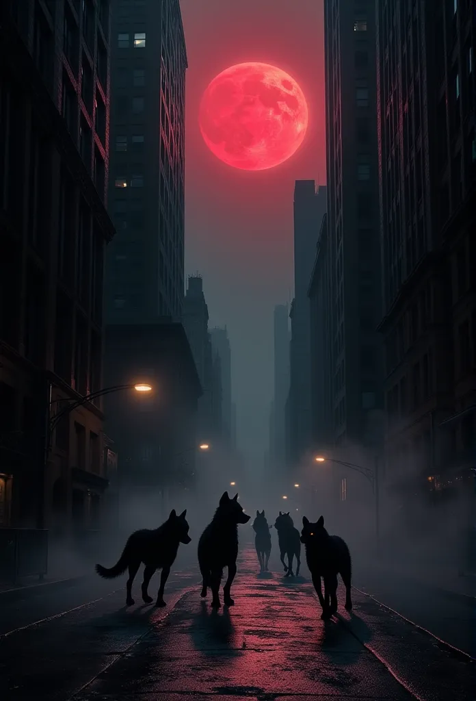 ((masterpiece)) ((photography)) ((highest quality)) in a dark, shadowy new york street scene under a blood-red moon, a pack of m...