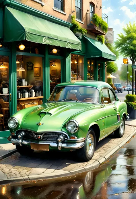   (  perfect anatomy )masterpiece, exquisite, delicate,  fresh and elegant aesthetic style airbrushing digital oil painting an exquisite work of art creates a refreshing morning coffee shop scene photo，

                   green classic car (Unique style) ...