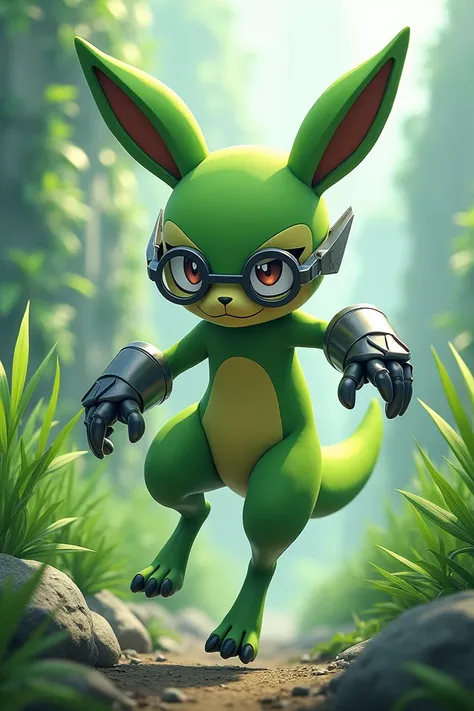 Pokemon, 3d anime, teen kangaroo, green skin, grass and steel type, use steel glove, use steel glasses