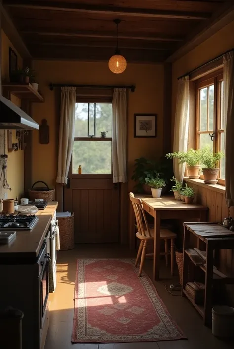 interior of a small house , modesta,  with simple furniture and few utensils.