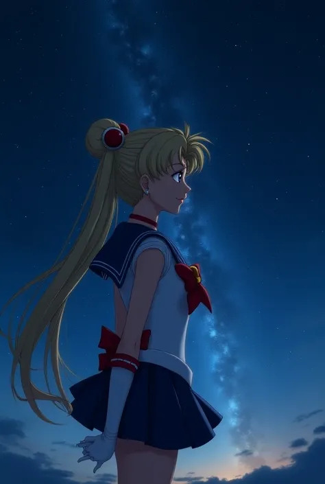 Sailor moon de profil dans une nuit noire étoilée 