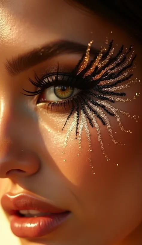 Close-up beauty shot: ethereal eye makeup with black and gold glitter arranged in wing patterns. Warm amber lighting with bokeh effects, dramatic contrast, soft focus. Styled for luxury cosmetics campaign with copper/golden tones and glossy nude lips. Drea...