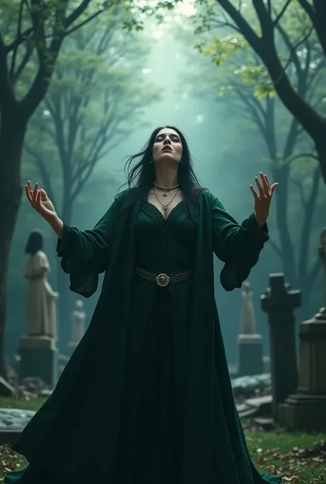 a female sorceress in the foreground casts a spell by screaming upwards, around her some male and female souls rise into the air, the background is a gothic cemetery,Masterpiece, High Resolution, Accurate, Anatomically Correct, Best Quality, Super Detailed...