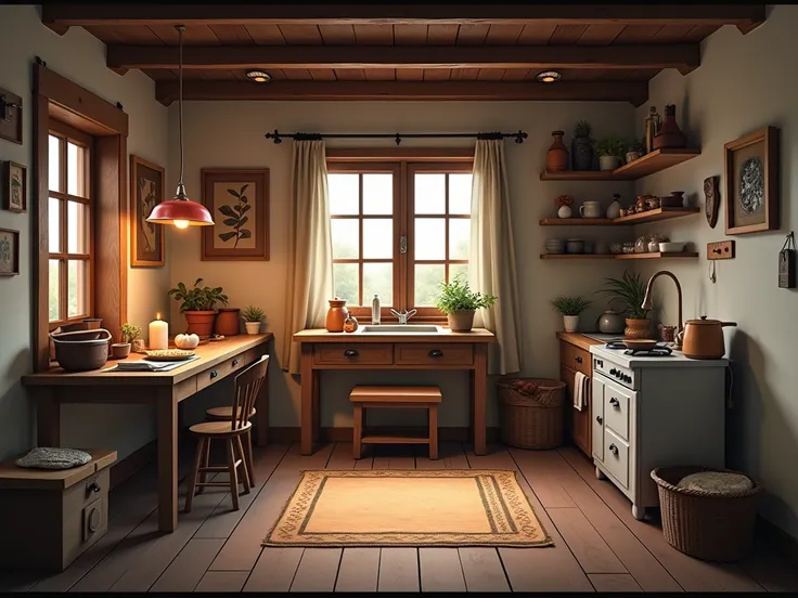 interior of a small house , modesta,  with simple furniture and few utensils.