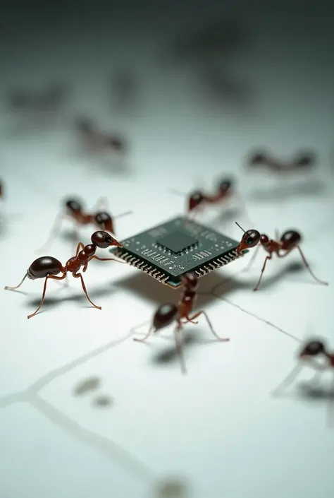 realistic, photography. miniature, close-up shot, three fourths angle, ants carrying a micro-chip, set on white table, narrow depth of field, low-key lighting