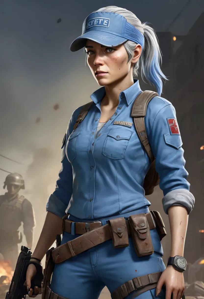 Masterpiece, high quality, best definition, pepper She IS YOUNG And has gray hair armed with a handgun and dressed in a light blue long-sleeved shirt with light gray highlights, gray body armor With IF letters, blue pants, knee pads, a duty belt, and a BLU...