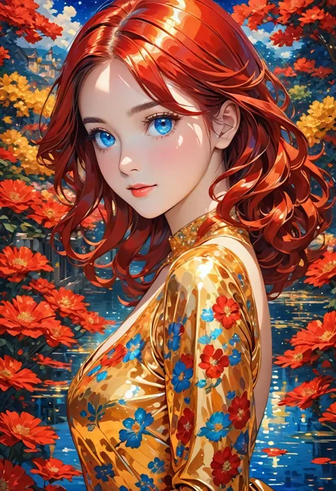 Girl in gold dress with red and red hair
shiny and her eyes are blue shiny in a background of a place full of pictures reflecting the same girl and her hair is red
shiny and her eyes are blue shiny