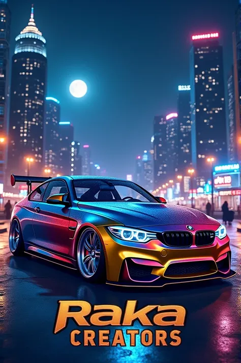 Photo of a modified BMW sports car complete with shiny blue,red,yellow and blue metallic paint accompanied by a picture of the with silver rims, below which is written the name " RAKA CREATORS  " in large,bold, embossed font style, spelled correctly in red...