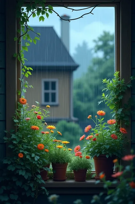 Plants and flowers with grass through a window of a house with a climate of rain and almost night