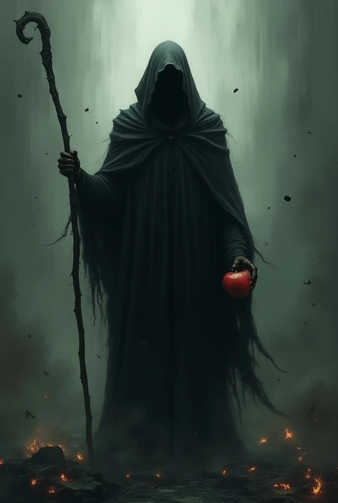  A Faceless Man, thin and apparently pale, covered by a cloak, holding a staff in his left hand and an apple of truth in the midst of chaos in the middle of the chaos in the midst of chaos.