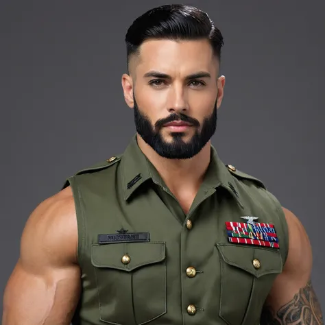 Create a realistic  strikingly young handsome military officer. He has a commanding presence, exuding confidence and charisma. His short hair and neatly trimmed beard enhance his strong, chiseled features and robust bone structure. Dressed in an impeccably...