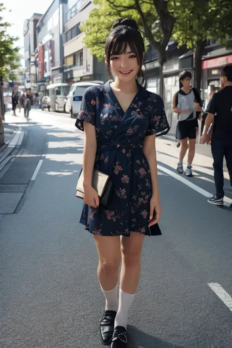 1japanese girl, cute dress, socks, flats, lower ponytail, bang, black hair, smile, standing, in street of harajuku, BREAK, (full body shot) BREAK, (masterpiece, best quality:1.4), (8k, raw photo, photorealistic:1.2), ultra high res, detailed skin, detailed...