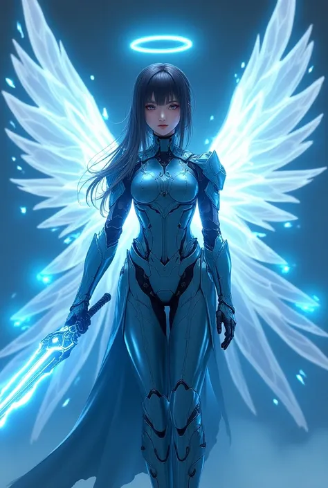 Beautiful teen japanese girl with technological blue iron armor from the future. Large Glowing Angel wings, shield of the future, Lightning sword. With a halo on the head