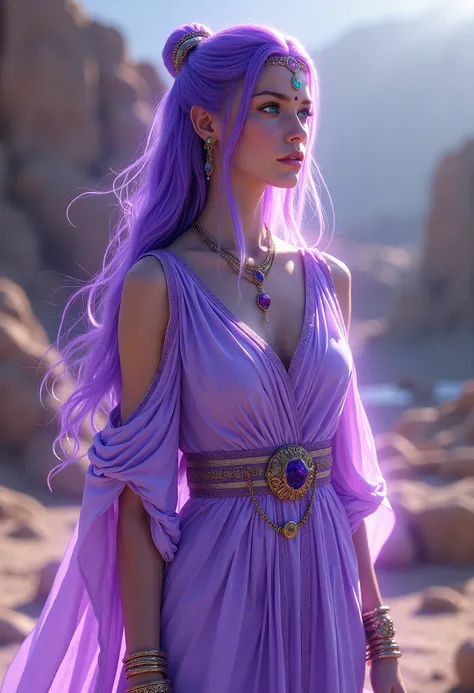 A mystical and ethereal woman with an otherworldly beauty, aged around 25 but immortal, standing in an ancient Persian environment. Her long hair is violet electric or neon purple, glowing with an enchanting light, and her eyes are bright turquoise. Her sk...