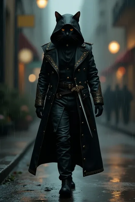 
1. A full-body image of a black cat in a human-like walking in street and some rain
2. Wearing a black jacket with golden borders
3. Hoodie covering head
4. Mask on face
5. Sword hanging from belt under the stomach
6. Wearing a cap
7. Realistic picture
