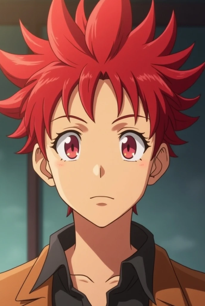 screencap,Anime shounen, a young man with soft red hair spiked upwards , with eyes that are also red and soft , with large and expressive and thin eyes , friendly face, friendly eyes , with a thin face and eyes also , thin and soft eyebrows , with majestic...