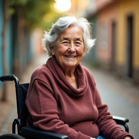 Photo of an elderly woman in a wheelchair, smiling, brighter colors. Detailed view. More colors. Saturated photo. Make it look like a natural photo with high resolution on a telephoto lens. 2/3