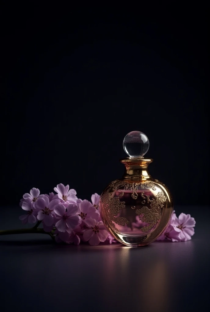  Perfume bottle , lilac branch , dark background, spray,  gold plated beautiful ,  maximum detail