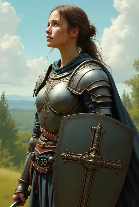  I would like to have an image of a young warrior with a sword and shield honoring Christ . In this image I want her to show trust  