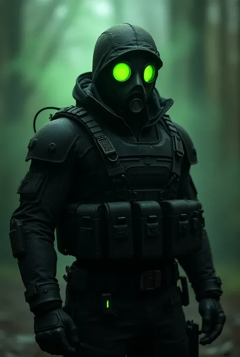 soldier with black equipment ,  black gas mask but with green gas mask lenses and with a green aura