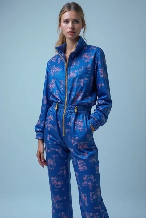 A short jumpsuit with the computer chip pattern in the colors blue and light pink 