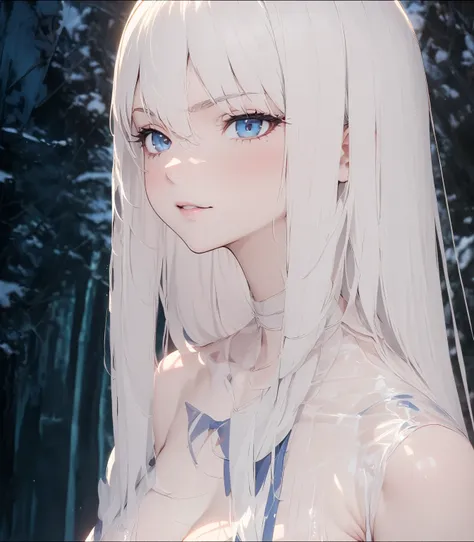 very sexy, masterpiece, anime, high quality, 8k, beautiful lighting, defiant pose, sexy, 1girl, interesting, blue eyes, white hair, transparent dress, sly, A calm look, Forest, cold forest, pale skin, bitch