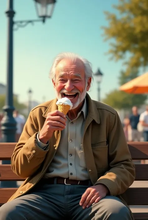 Create realistic image, An old man eating ice cream sitting on a bench and happy facial expression, outside sky amd pleasant
