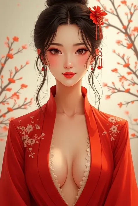 Perfect concentration of Chinese women, red costume joy, standing posture,half body abstract beauty, center, looking at camera, face camera, nearly perfect, Dynamic, high detail, Smooth, clear focus, 10, high resolution, illustration, Artwork by Carne Grif...