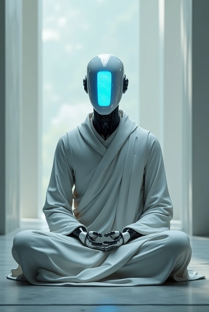  Make me an image of a humanoid robot with a male model without ears and without a face with a blue holographic screen on its face, he will be wearing a monks outfit while meditating 