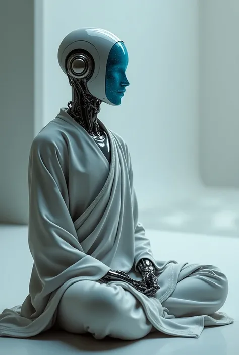  Make me an image of a humanoid robot with a male model without ears and without a face with a blue holographic screen on its face, he will be wearing a monks outfit while meditating 