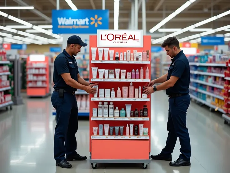 Create an image of two men assembling and setting up a branded LOréal display stand inside a large retail store like Walmart. The men wear uniforms, and they are focused on arranging the display shelves and placing LOréal products carefully, such as skinca...