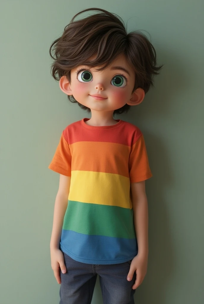 generate a boy ,  who will have 5cm long hair swept down ,  narrow nose which is stretchy eyes green blue with bags ,  ears small and straight he will have a small mouth and will still be wearing an LGBTQ flag T-shirt, ma 16- jest szczupły i średniej szero...