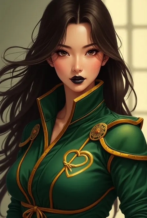 Illustrate an elegant Asian woman with long, flowing brown hair, dressed in a striking green and yellow ninja uniform. The uniform is intricately detailed with subtle patterns and armor-like accents that enhance her fierce, agile appearance. Over her left ...