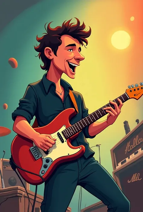 A square-shaped, pixar-style image of singer Bruce Springsteen with a Fender guitar in his hands.