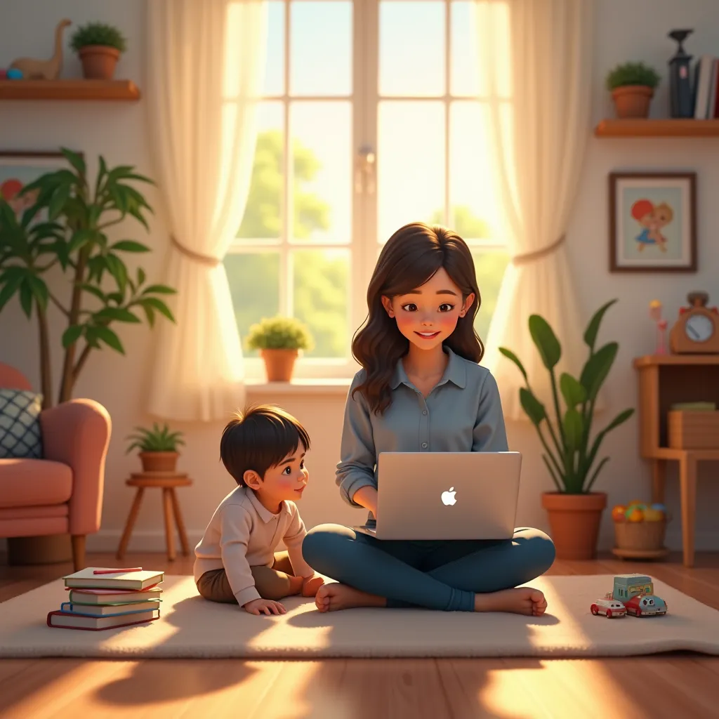 an image that describes this phrase :  teleworking allows parents to balance their work and family lives, creating more connected homes .