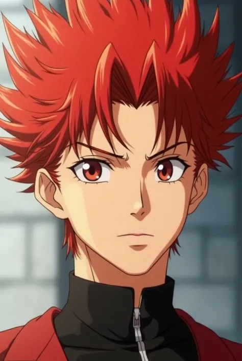 screencap,Anime shounen, a young man with soft red hair spiked upwards , with eyes that are also red and soft , with large and expressive and thin eyes , with a thin face and eyes also , thin and soft eyebrows , with majestic and divine air , looking slimm...