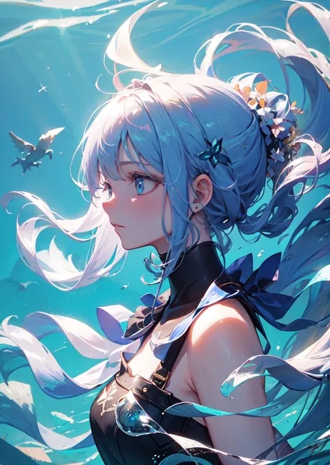  natural lighting , floating hair,  Sweet and soft smile, profile, Splashes, watery and epic background , blue tone,