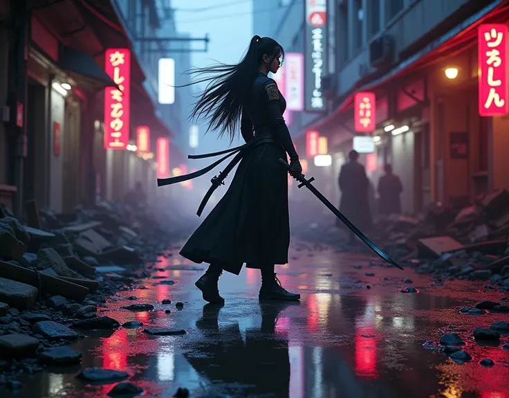  woman with long hair on her side holding a katana in a cyberpunk Tokyo alley scenario of chaos and destruction, Floor reflecting all the lights , realistic reflections on the floor ,