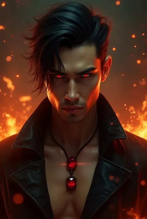 new adult man. cheeckbone. black separate hair. black leather clothes. red eyes. necaklce red rubbin. background fire. 