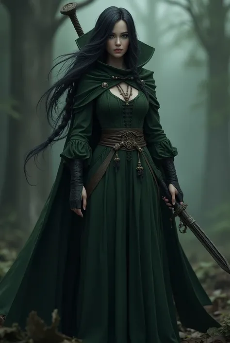 3D fantasy with green dress with belt she has a sided braid she has black hair blue eyes with a cape she has a sword and face mask with hood