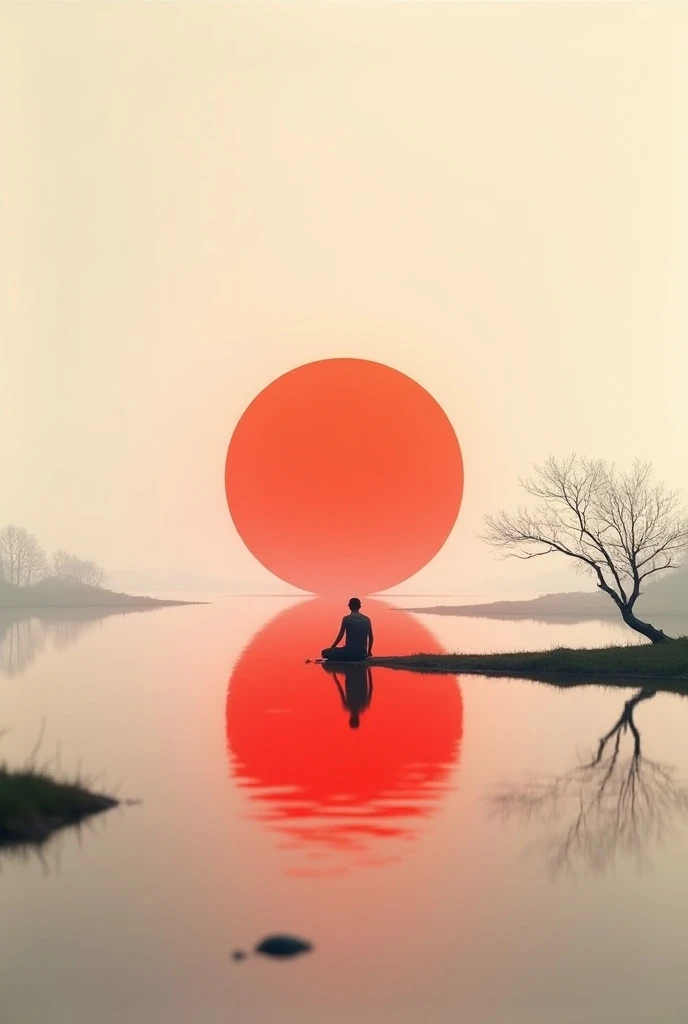 Minimalist composition red sun with black man sitting on it mirror reflection of tree and water surface, surrealism, clean background, in the style of cinema4d rendering, high resolution photography, dream scene, minimalist sculpture art installation, ink ...