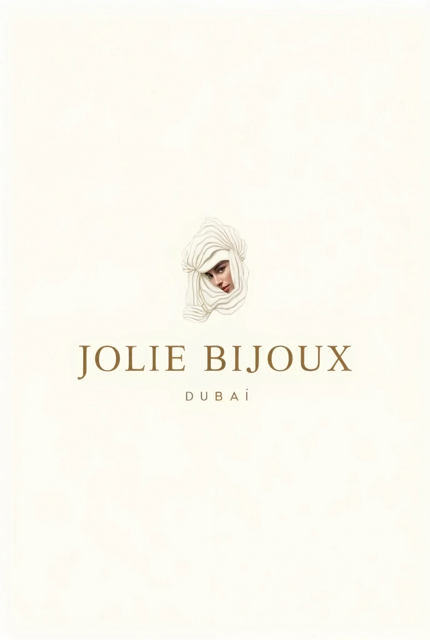 Design four logo proposals for muslim scent with the image of a veiled woman with the name Jolie Bijoux Dubai, Color gold and white