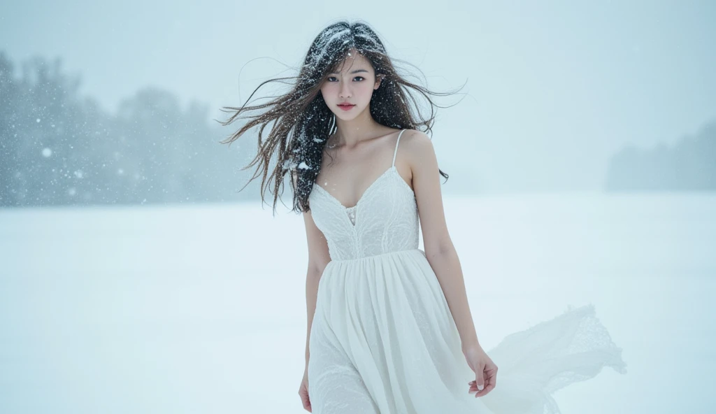 medium shot of a young woman,
white dress , sleeveless, long hair , delicate features and long flowing hair,
surrounded by snowstorm , snow flutters , wind , strom ,
her hair flutters in the wind and snow , Snow sticks to her hair.
Create a cold atmosphere...