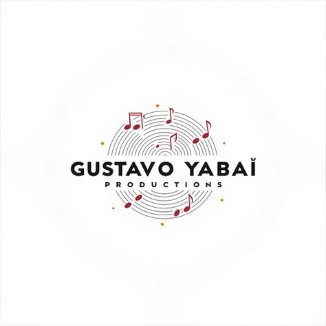 music club logo, saying "GUSTAVO YABAI PRODUCTIONS", minimalist, white background, circle, musical notes, filled