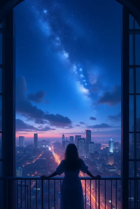 Night view, more magical, starry sky, blue and purple, in the city, higher view, closer view, from a balcony