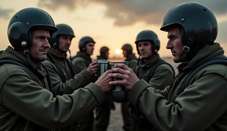 A close-up scene of World War II pilots standing together on an airfield at dusk, dressed in their full flight gear, helmets in hand, with solemn expressions. They gather around, holding metal cups, each silently raising a toast to one another, fully aware...