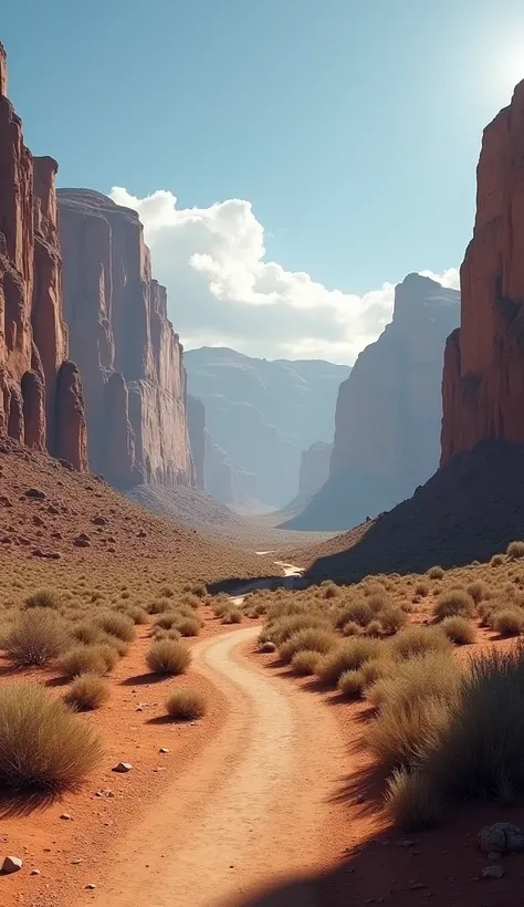 4K HD quality : "A vast, open landscape of the American Wild West, with rocky cliffs, sparse vegetation, and a winding dirt trail under a bright, clear sky. The sun casts dramatic shadows over the arid land."