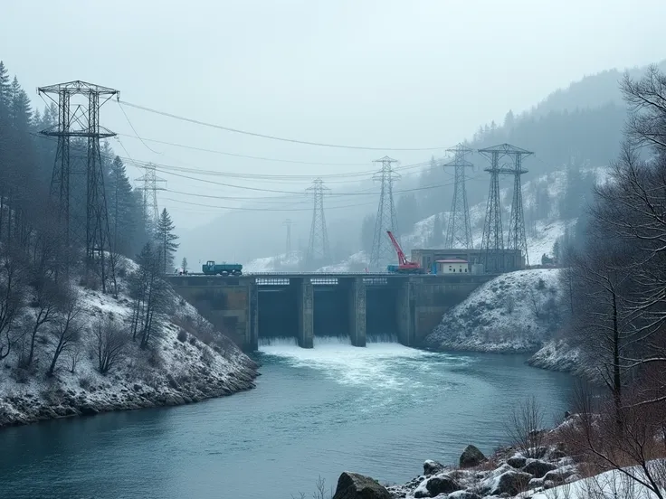 Hydroelectric power plant, low dam ,  high transmission poles, the forest,  construction equipment, wide river, winter