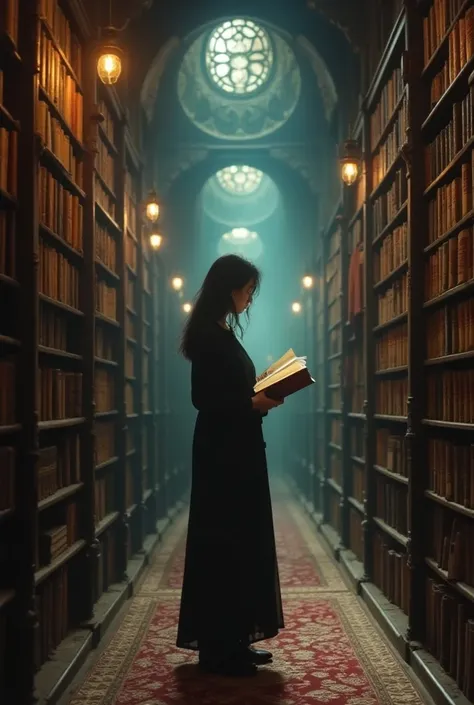 there is a woman standing in a book store holding a book, ((oversaturated)), standing inside a magic library, in a library, background = library, infinite celestial library, with book of science, dusty library, in the magic room, inspired by Kim Jeong-hui,...